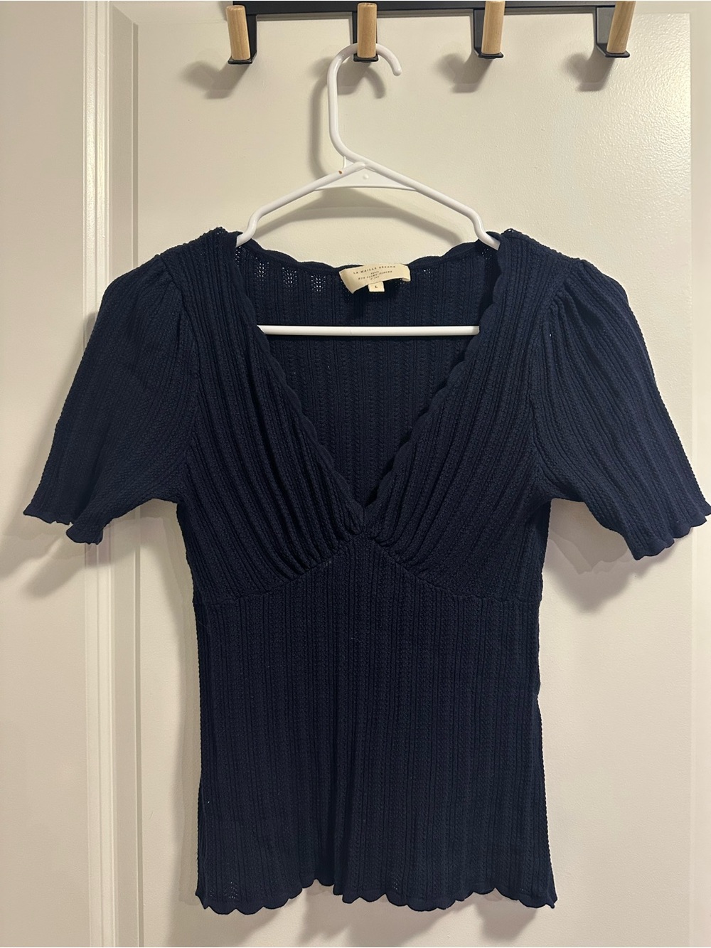 Sezane Navy Ribbed V-Neck Bandeau Top
